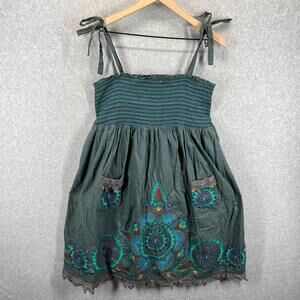 ANTIK BATIK Floral Babydoll Sundress Tie Strap Womens 38 S Gray Teal Embroidered